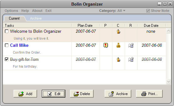 Bolin Organizer Screenshot
